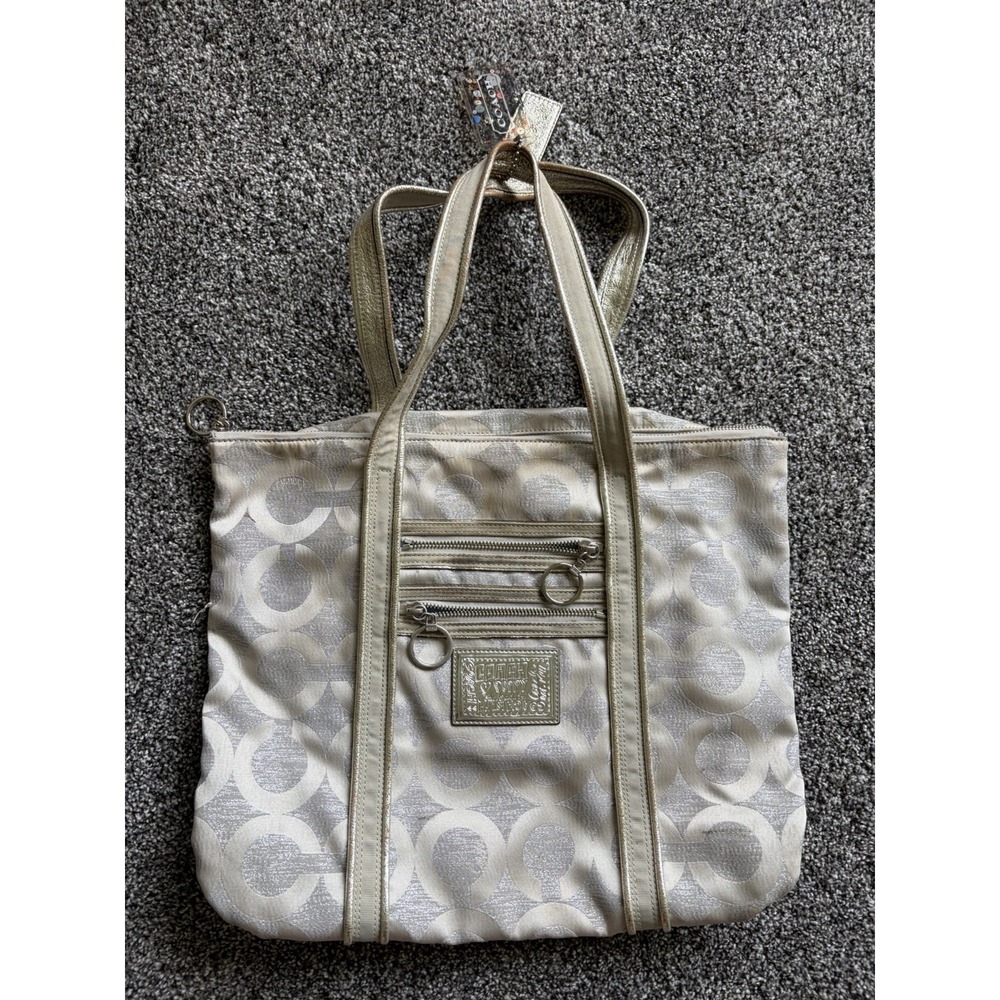 Coach Poppy Signature Gray White Silver Metallic Shoulder Bag Purse 14439